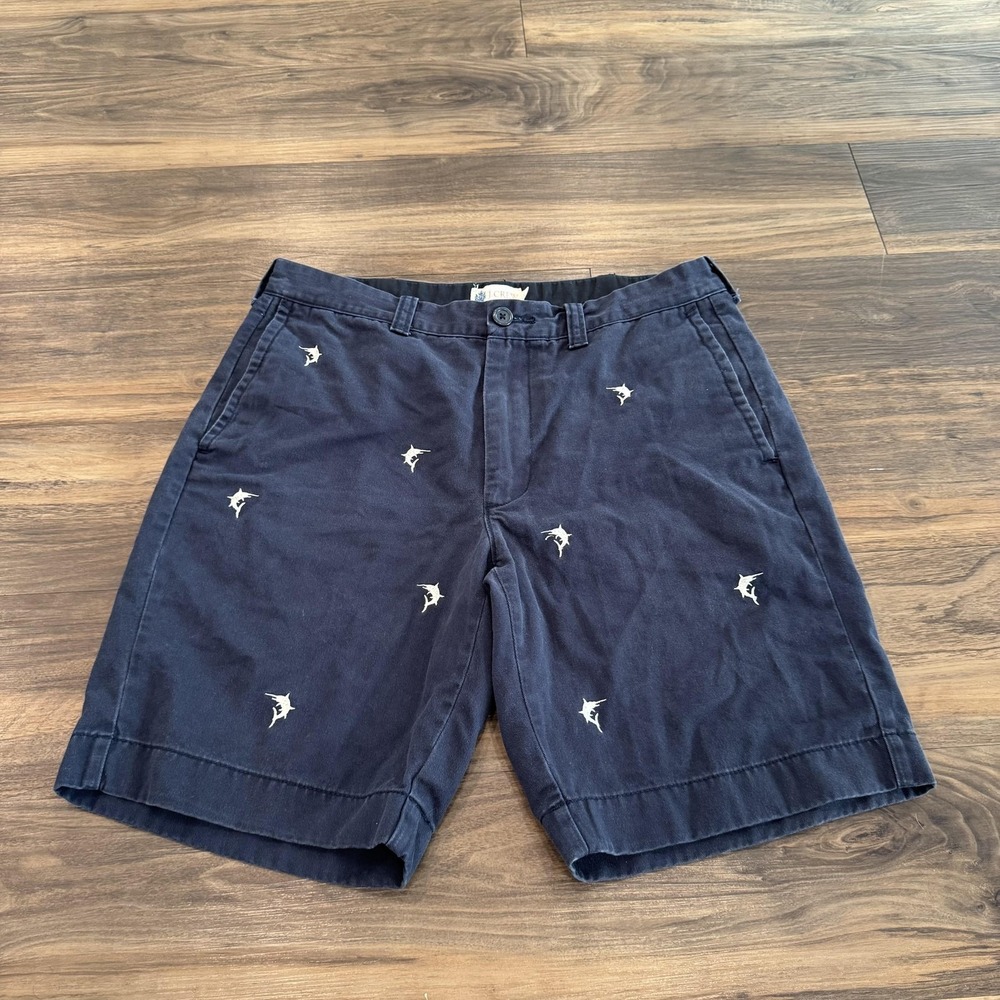 J.Crew Shorts Mens 32 Navy Blue Cotton Chino 9" Inseam Embroidered Fish Nautical